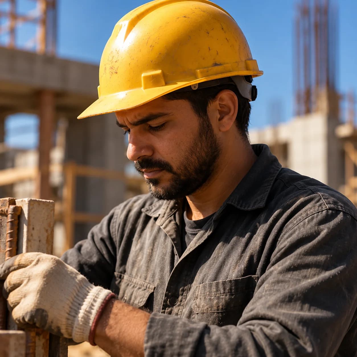 Un trabajador con casco amarillo en una obra en construcción
